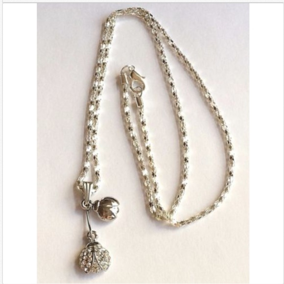 Silver Crystal Ladybug Necklace 20" Insect Mom & Baby Bugs Silver Plated - Picture 4 of 8